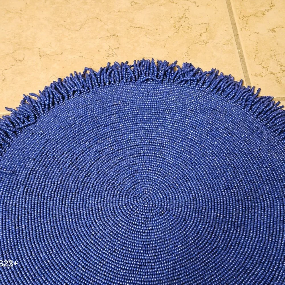 RARE KIM SEYBERT SUMMER BEACH OCEAN NAUTICAL CORAL BLUE FRINGE BEADED PLACEMAT